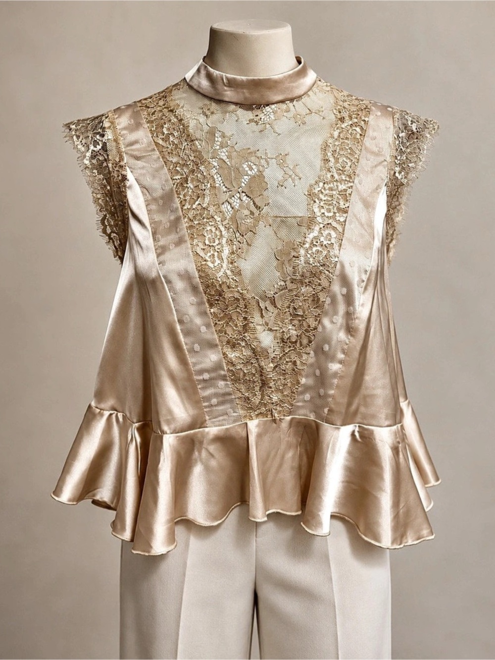 So Me Champagne Satin Lace Peplum Blouse Medium NWT